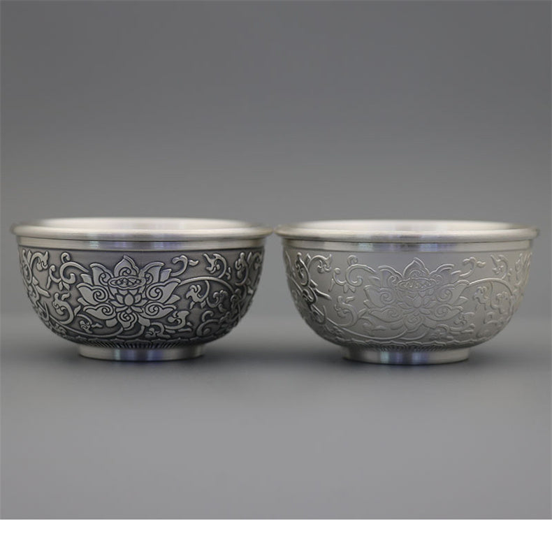 Double-Layered Hundred Blessings Lotus Silver Tea Cup999Pure Silver Tea Bowl Mouth Cup Tea Set Heat Insulation Master Cup Pure Silver Tea Tasting Cup