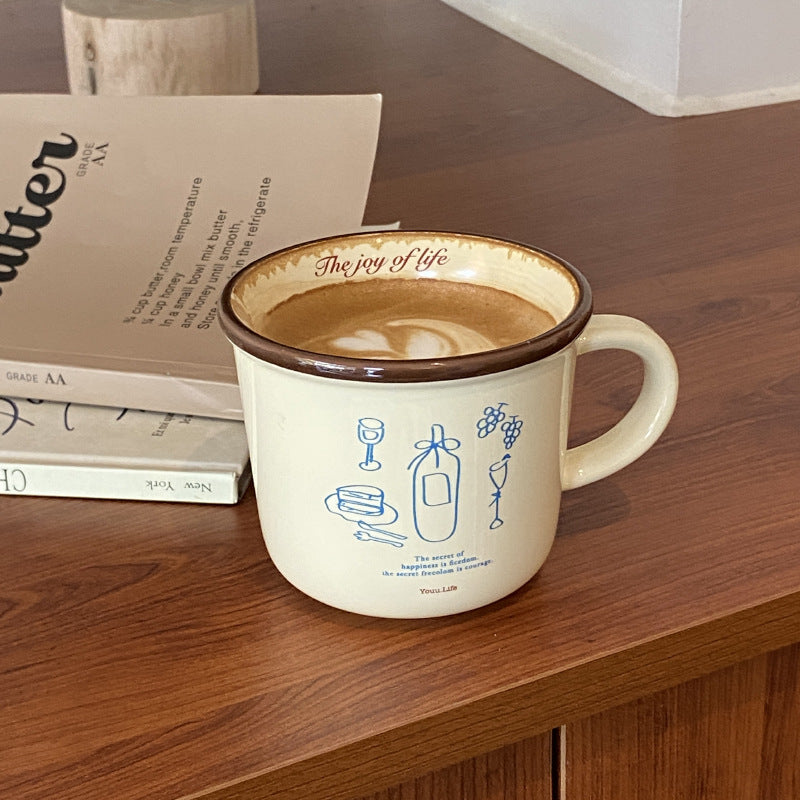 ins Illustration American Coffee Cup Large Diameter Couple Mug French Retro Vase Ceramic Mug Handle Cup