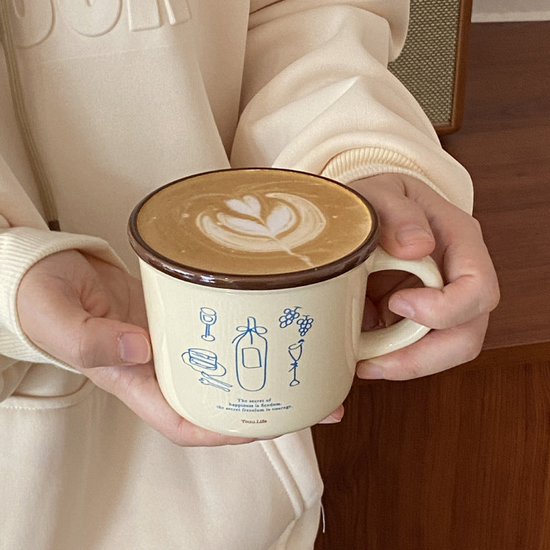 ins Illustration American Coffee Cup Large Diameter Couple Mug French Retro Vase Ceramic Mug Handle Cup
