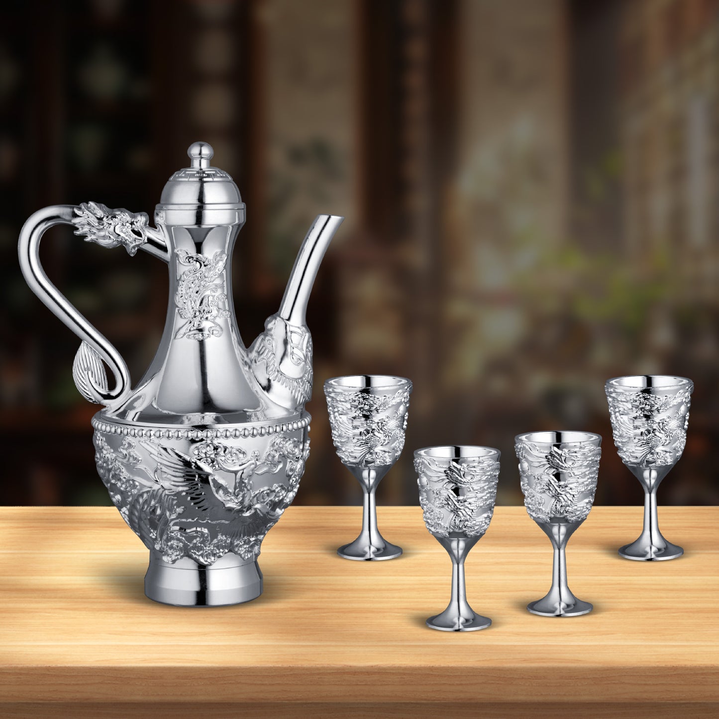 Dragon and Phoenix Auspicious Wine Set Six-Piece Luxury Retro Gold-Plated Wine Set Five-Piece Leather Box Set Exquisite Creative Gift