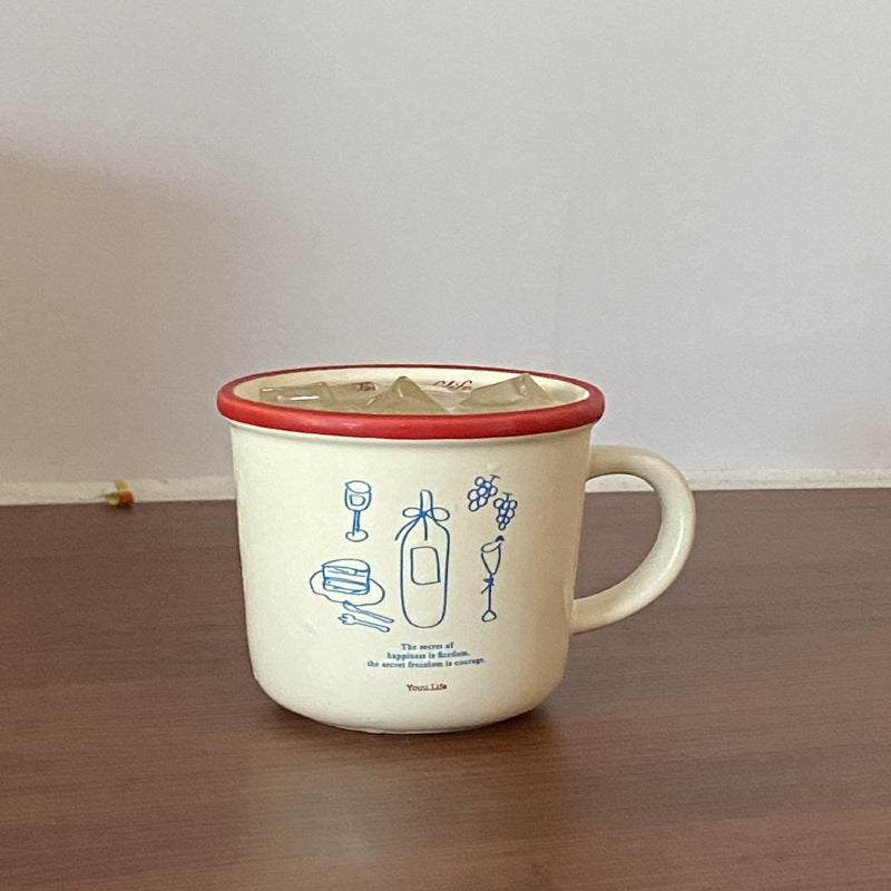 ins Illustration American Coffee Cup Large Diameter Couple Mug French Retro Vase Ceramic Mug Handle Cup