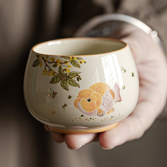 Ash Glaze Golden Osmanthus Fortune Carp Tea Cup High-end Personal Kung Fu Tea Set Ceramic Single Cup Tea Drinking Cup