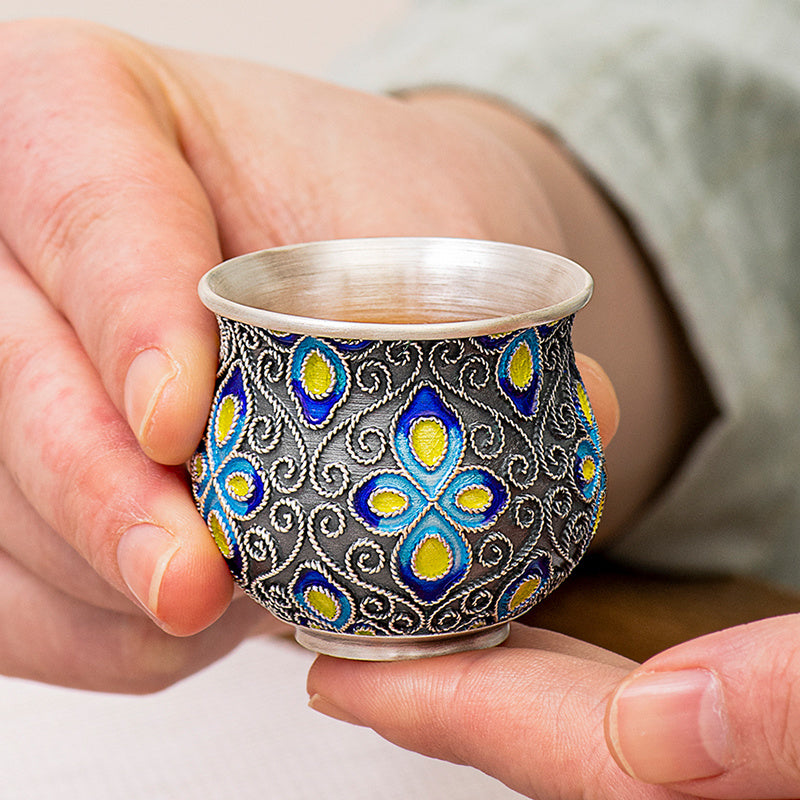 Back to Yintang Silver Teacup999Pure Silver Cup Tasting Cup Handmade Cloisonné Enamel Small Tea Cup Kung Fu Tea Set