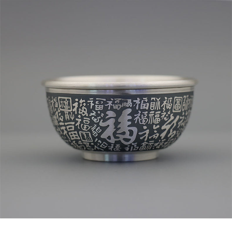 Double-Layered Hundred Blessings Lotus Silver Tea Cup999Pure Silver Tea Bowl Mouth Cup Tea Set Heat Insulation Master Cup Pure Silver Tea Tasting Cup