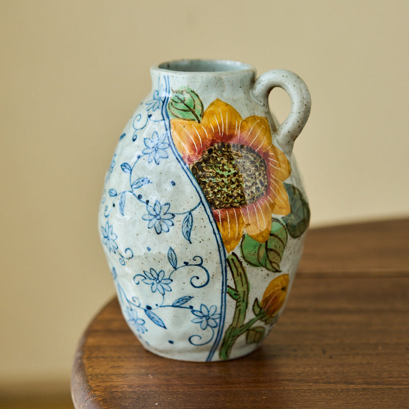 Jingdezhen Original Blue and White Underglaze Creative Hand-painted Iris Flower Sunflower Hydrangea Rustic Vintage Vase