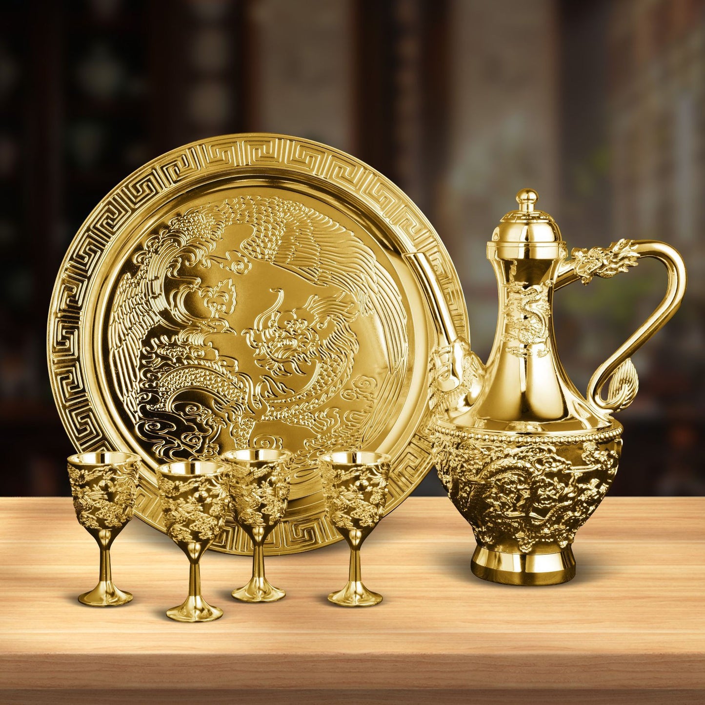 Dragon and Phoenix Auspicious Wine Set Six-Piece Luxury Retro Gold-Plated Wine Set Five-Piece Leather Box Set Exquisite Creative Gift