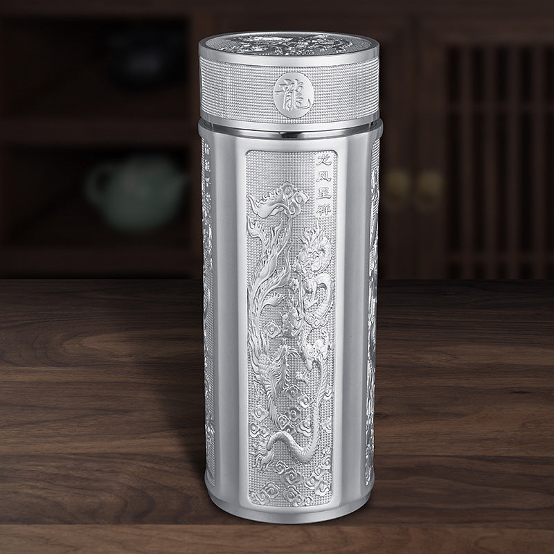 Dragon and Phoenix Present Auspiciousness Silver-Plated Ion Insulated Silver Cup Inner Liner Silver-Plated999Dragon and Phoenix Hundred Blessings Silver Cup Gift Set