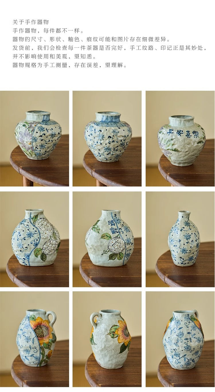 Jingdezhen Original Blue and White Underglaze Creative Hand-painted Iris Flower Sunflower Hydrangea Rustic Vintage Vase