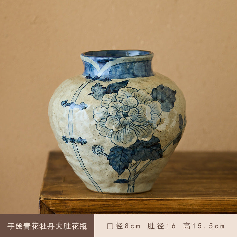 Jingdezhen Original Blue and White Underglaze Creative Hand-painted Iris Flower Sunflower Hydrangea Rustic Vintage Vase