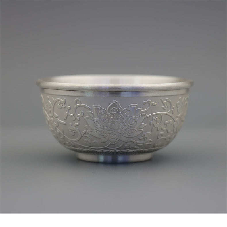 Double-Layered Hundred Blessings Lotus Silver Tea Cup999Pure Silver Tea Bowl Mouth Cup Tea Set Heat Insulation Master Cup Pure Silver Tea Tasting Cup