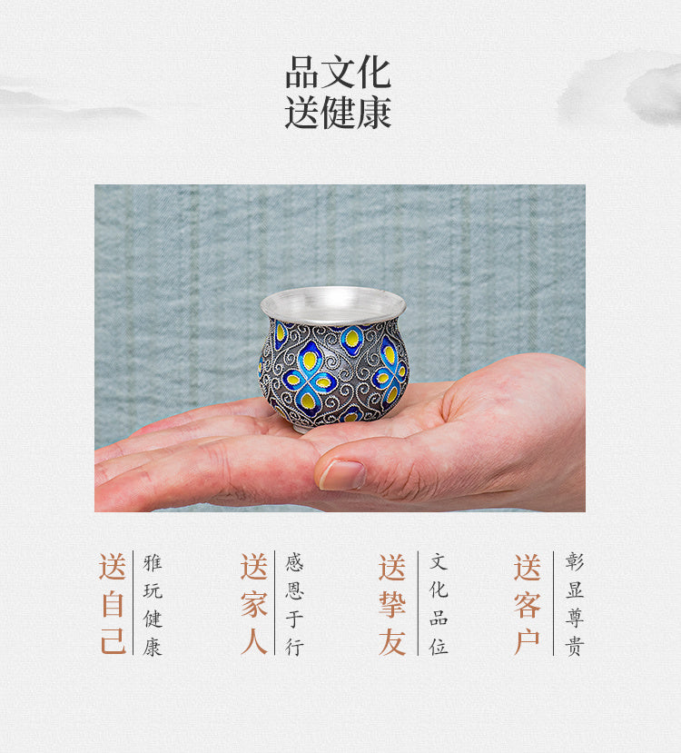 Back to Yintang Silver Teacup999Pure Silver Cup Tasting Cup Handmade Cloisonné Enamel Small Tea Cup Kung Fu Tea Set
