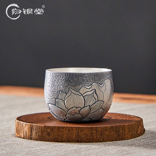 Back to Yintang Silver cup999Pure Silver Handmade Lotus Rhyme Tea Tasting Cup Master Cup Kung Fu Tea Cup Personal Silver Tea Set