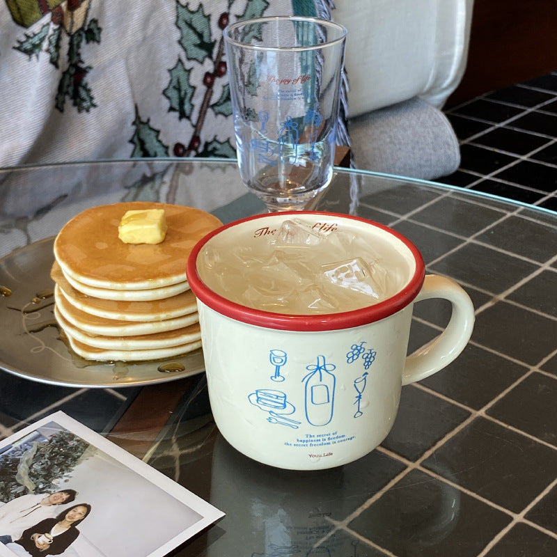 ins Illustration American Coffee Cup Large Diameter Couple Mug French Retro Vase Ceramic Mug Handle Cup