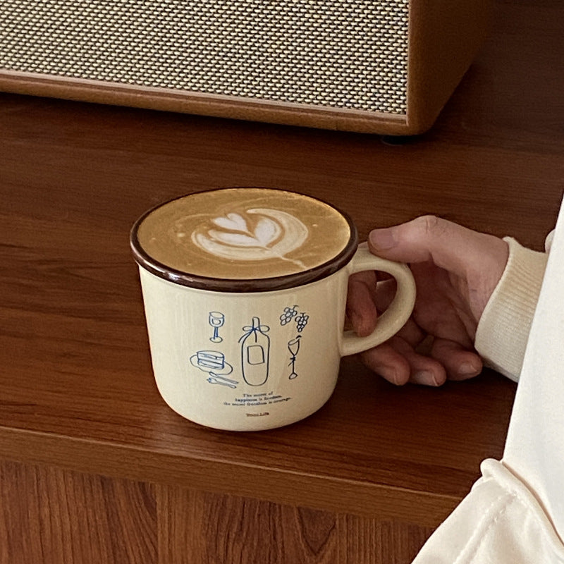 ins Illustration American Coffee Cup Large Diameter Couple Mug French Retro Vase Ceramic Mug Handle Cup