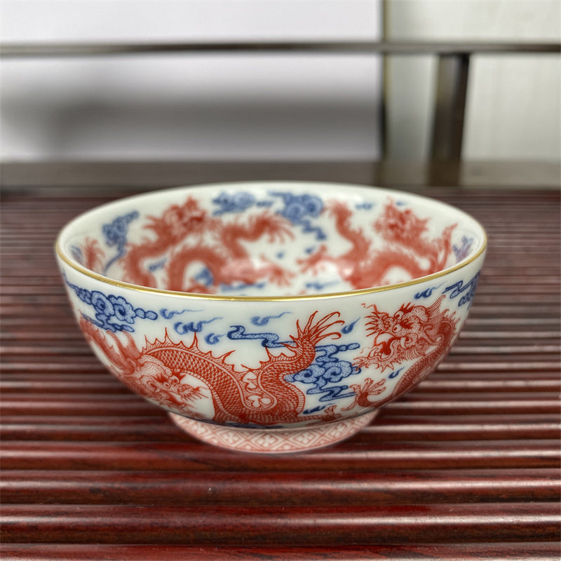 Jingdezhen Blue and White Underglaze Red Nine Dragons Pu'er Cup Master Cup Jingdezhen Tea Cup High Temperature Porcelain