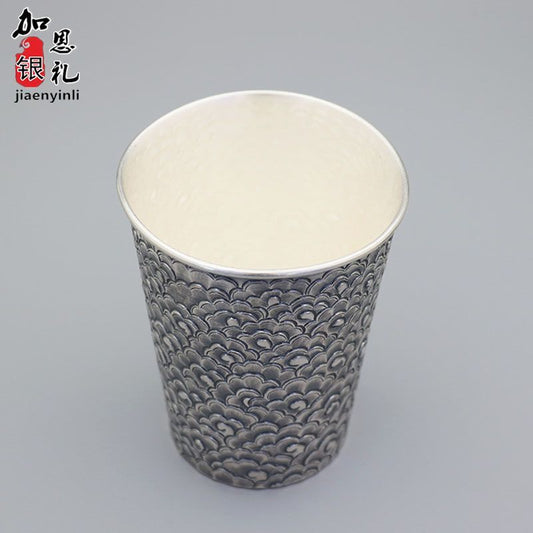 Cloud Pattern Water Bottle999Pure Silver Tea Cup Master Cup Handcrafted Engraved Milk Beverage Cup300ml Sterling Silver Beer Mug