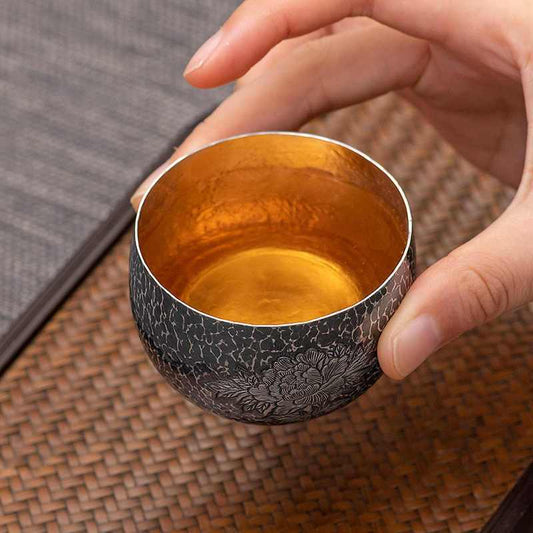 Back to Yintang Silver Tea Cup Pure Silver999Purely Handmade One Piece Tea Tasting Cup Engraved Peony Master Cup Kung Fu Tea Set