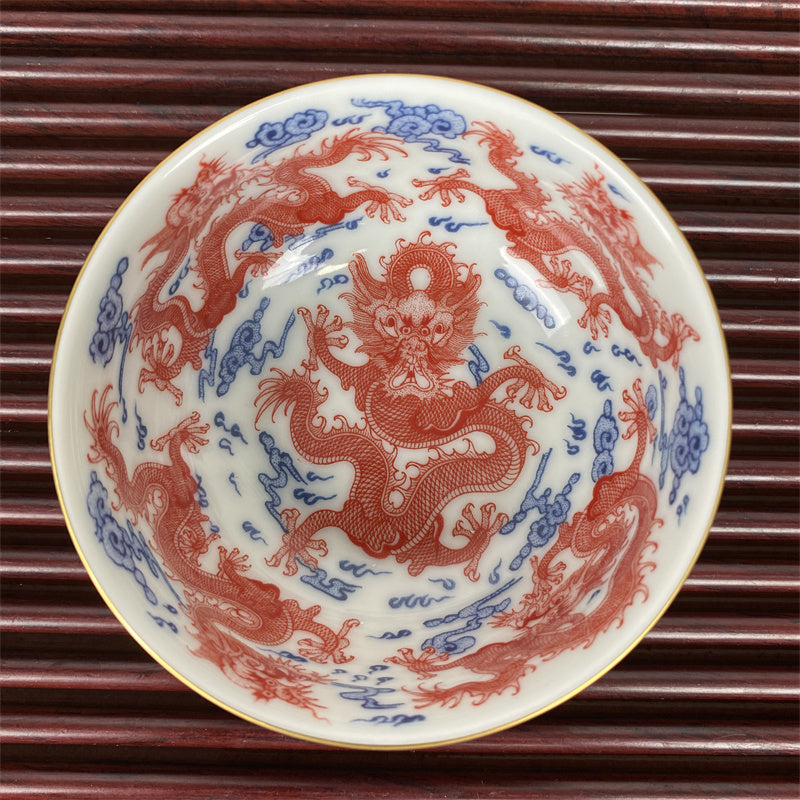 Jingdezhen Blue and White Underglaze Red Nine Dragons Pu'er Cup Master Cup Jingdezhen Tea Cup High Temperature Porcelain