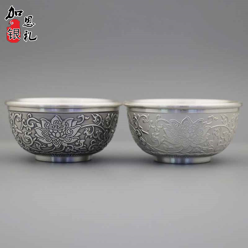Double-Layered Hundred Blessings Lotus Silver Tea Cup999Pure Silver Tea Bowl Mouth Cup Tea Set Heat Insulation Master Cup Pure Silver Tea Tasting Cup