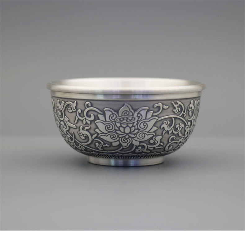 Double-Layered Hundred Blessings Lotus Silver Tea Cup999Pure Silver Tea Bowl Mouth Cup Tea Set Heat Insulation Master Cup Pure Silver Tea Tasting Cup