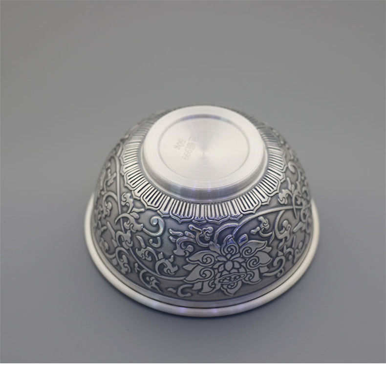 Double-Layered Hundred Blessings Lotus Silver Tea Cup999Pure Silver Tea Bowl Mouth Cup Tea Set Heat Insulation Master Cup Pure Silver Tea Tasting Cup