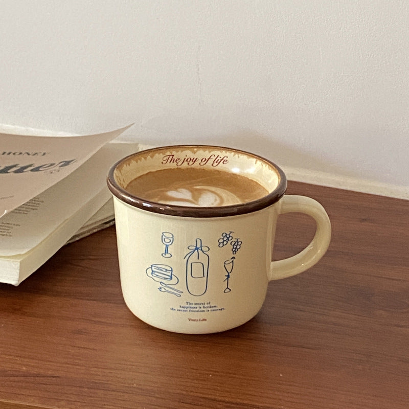 ins Illustration American Coffee Cup Large Diameter Couple Mug French Retro Vase Ceramic Mug Handle Cup