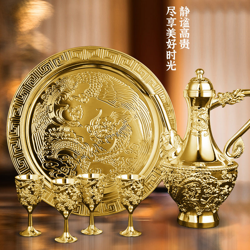Dragon and Phoenix Auspicious Wine Set Six-Piece Luxury Retro Gold-Plated Wine Set Five-Piece Leather Box Set Exquisite Creative Gift
