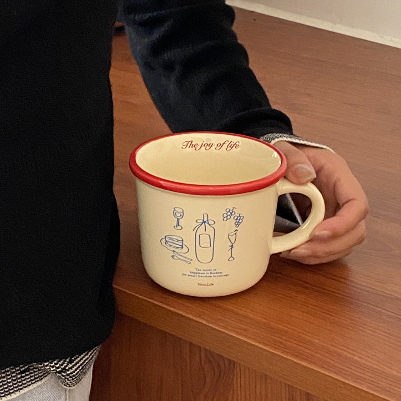 ins Illustration American Coffee Cup Large Diameter Couple Mug French Retro Vase Ceramic Mug Handle Cup