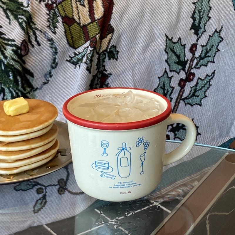 ins Illustration American Coffee Cup Large Diameter Couple Mug French Retro Vase Ceramic Mug Handle Cup