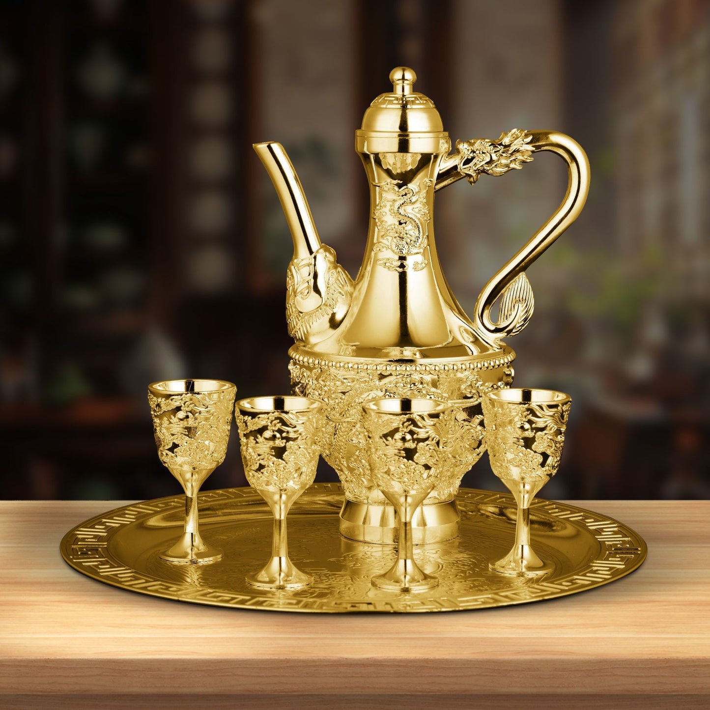 Dragon and Phoenix Auspicious Wine Set Six-Piece Luxury Retro Gold-Plated Wine Set Five-Piece Leather Box Set Exquisite Creative Gift