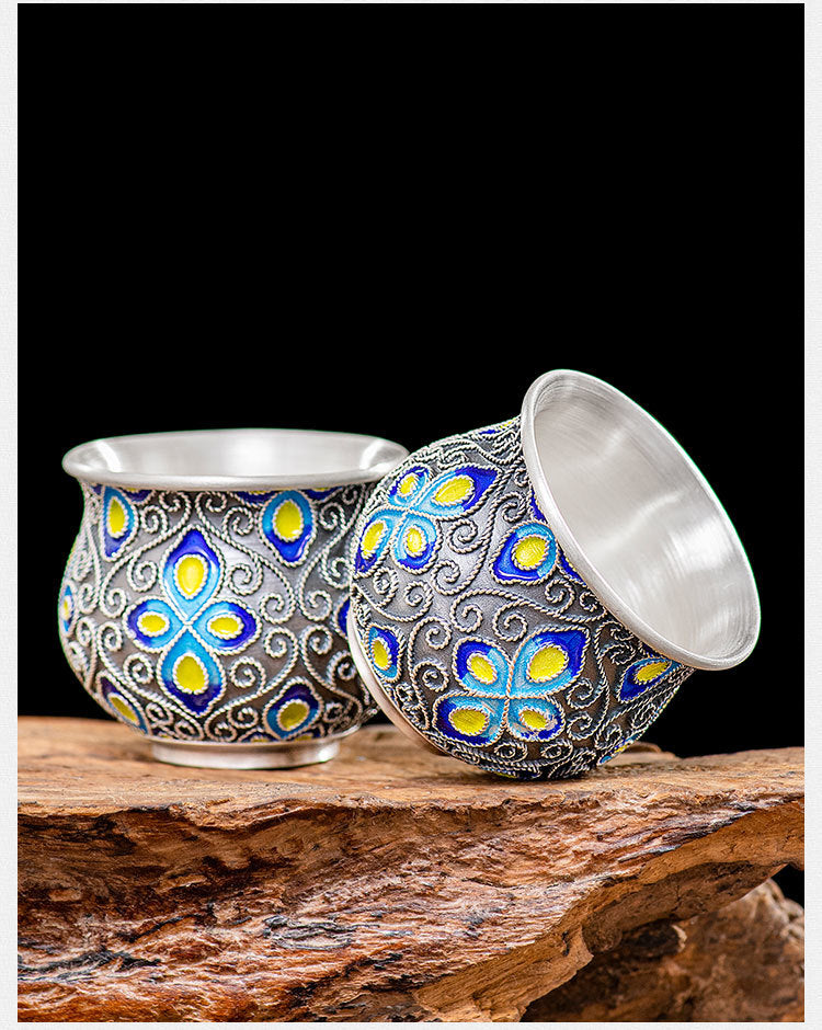 Back to Yintang Silver Teacup999Pure Silver Cup Tasting Cup Handmade Cloisonné Enamel Small Tea Cup Kung Fu Tea Set