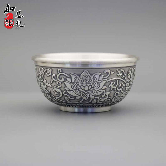 Double-Layered Hundred Blessings Lotus Silver Tea Cup999Pure Silver Tea Bowl Mouth Cup Tea Set Heat Insulation Master Cup Pure Silver Tea Tasting Cup